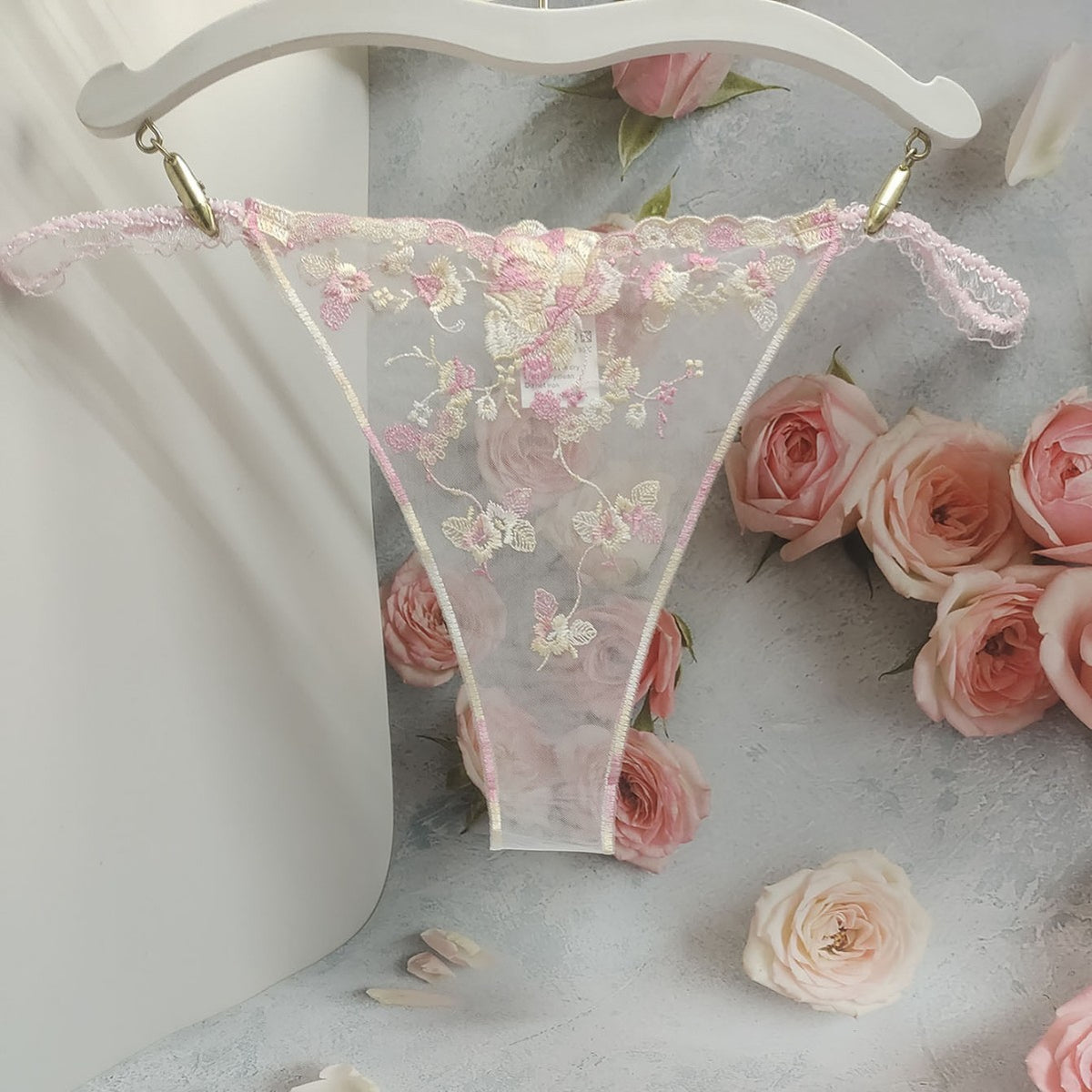 Floral Embroidered Sheer Mesh String Side Cheeky Panty