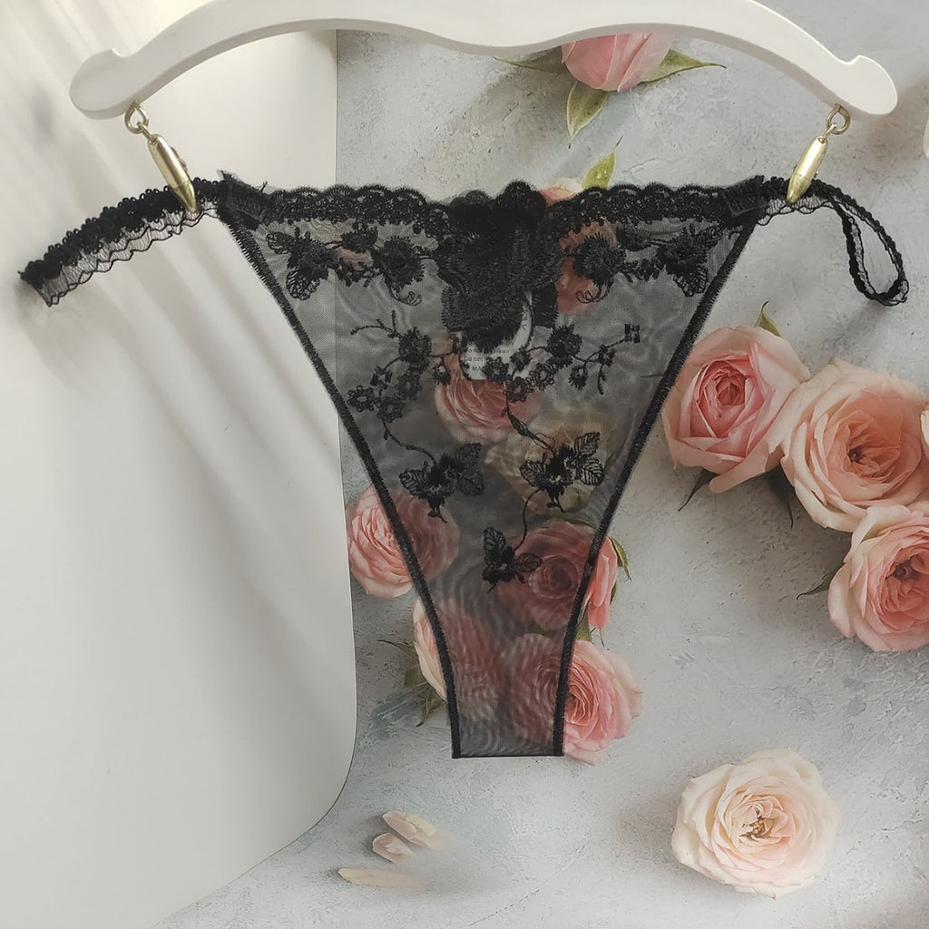 Floral Embroidered Sheer Mesh String Side Cheeky Panty