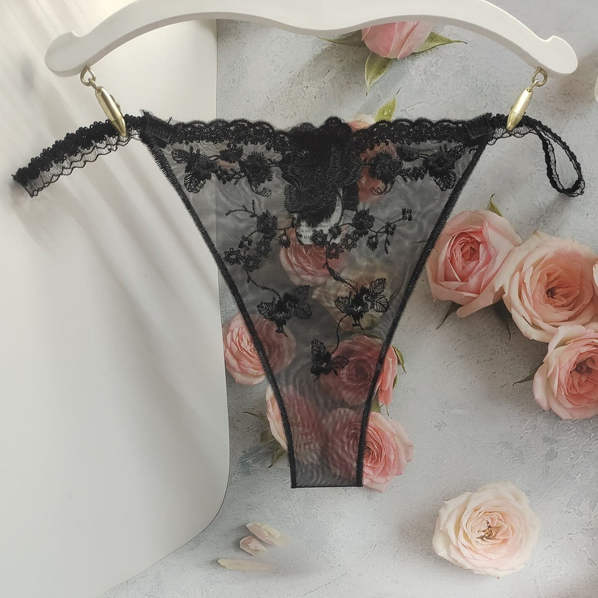 Floral Embroidered Sheer Mesh String Side Cheeky Panty