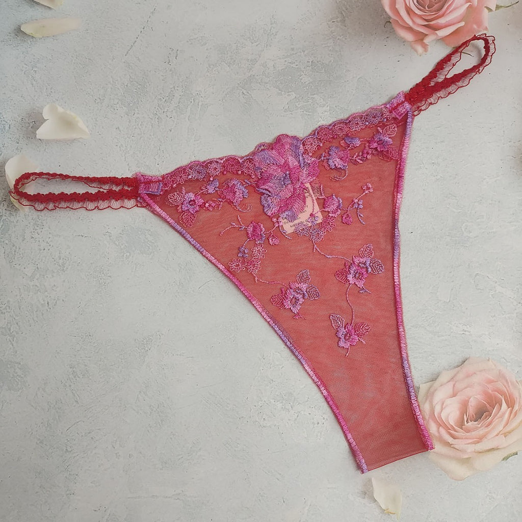 Floral Embroidered Sheer Mesh String Side Cheeky Panty