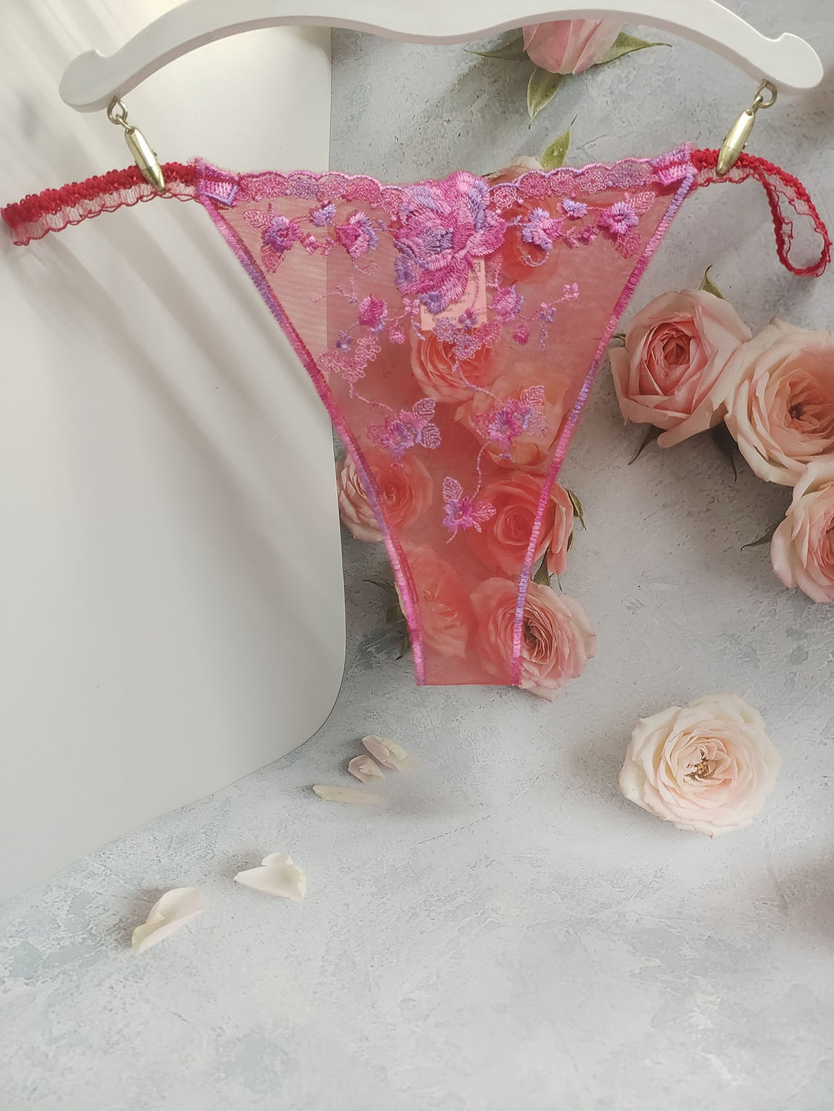 Floral Embroidered Sheer Mesh String Side Cheeky Panty