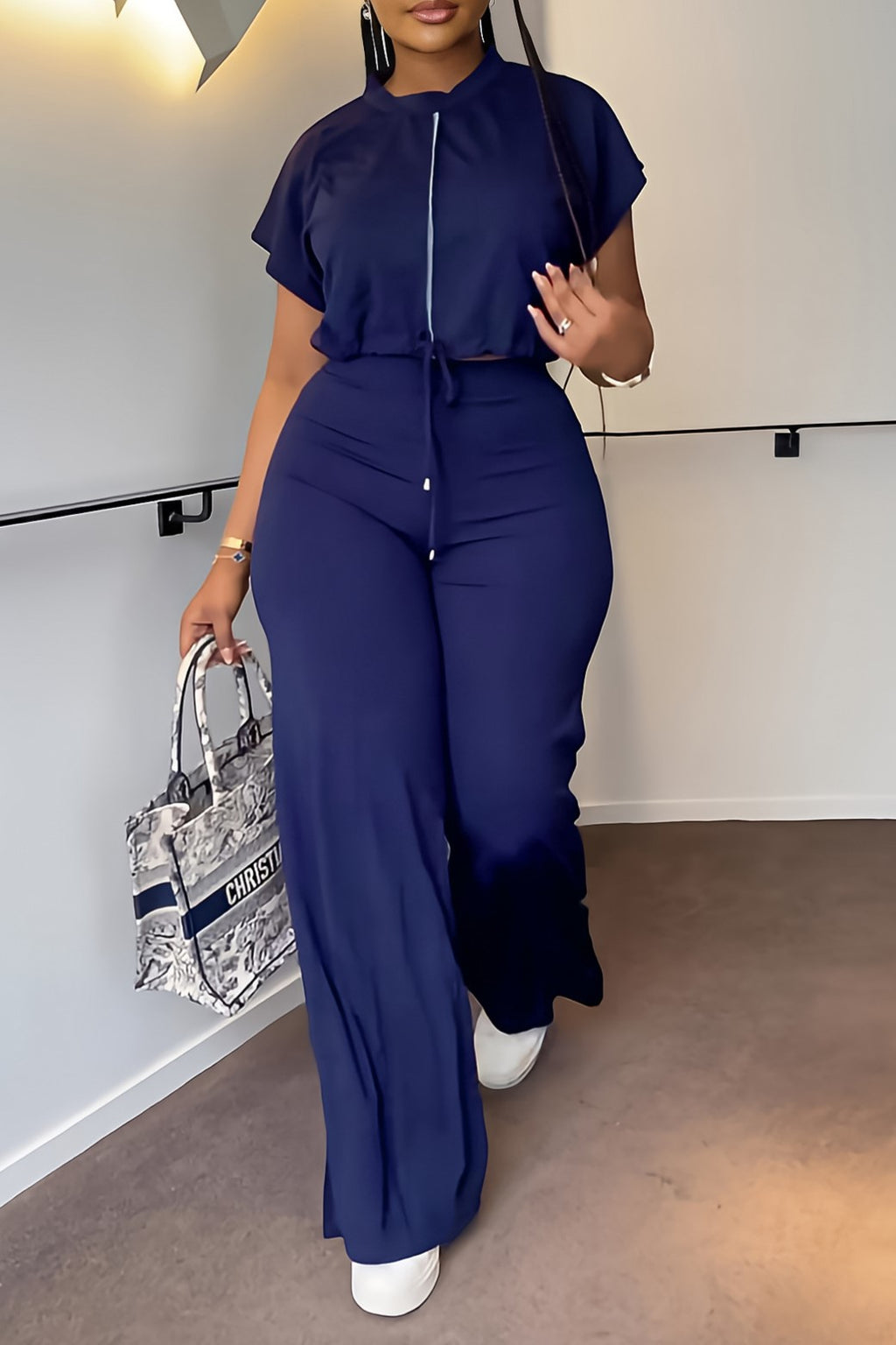 Zip Front Crop Top and Wide Leg Pants Set - Blue