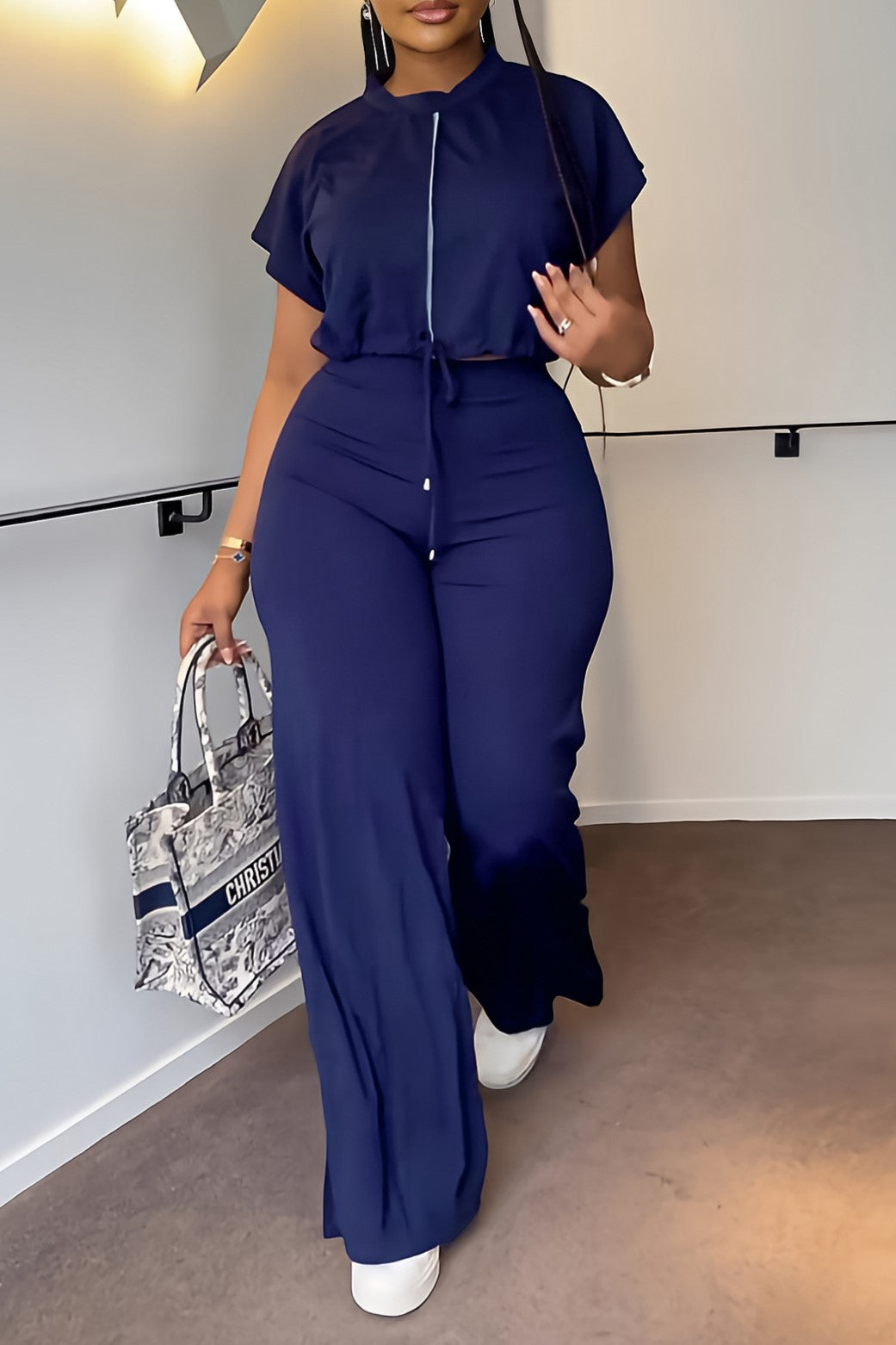Zip Front Crop Top and Wide Leg Pants Set - Blue