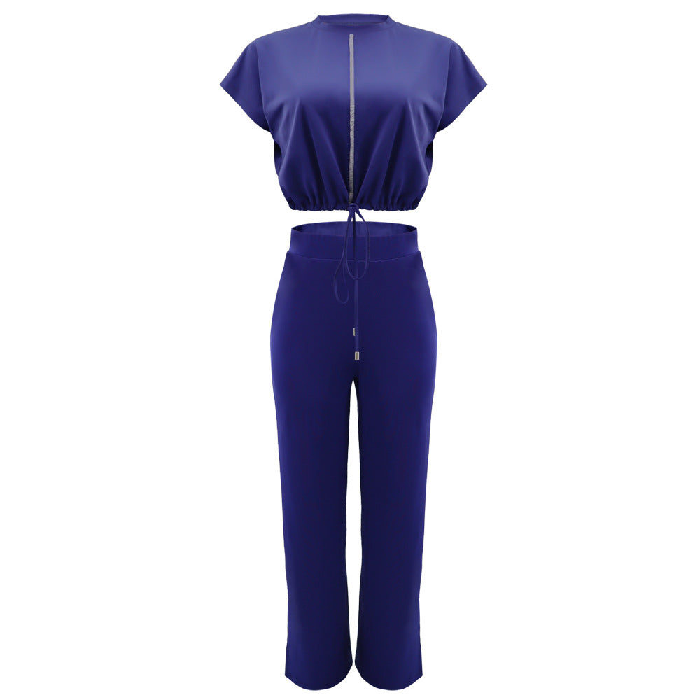 Zip Front Crop Top and Wide Leg Pants Set - Blue - 1