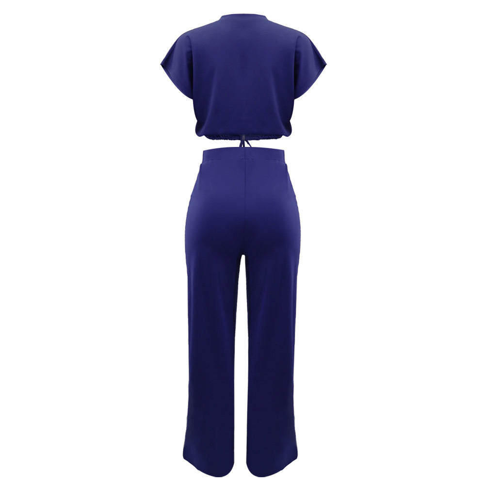 Zip Front Crop Top and Wide Leg Pants Set - Blue - 2