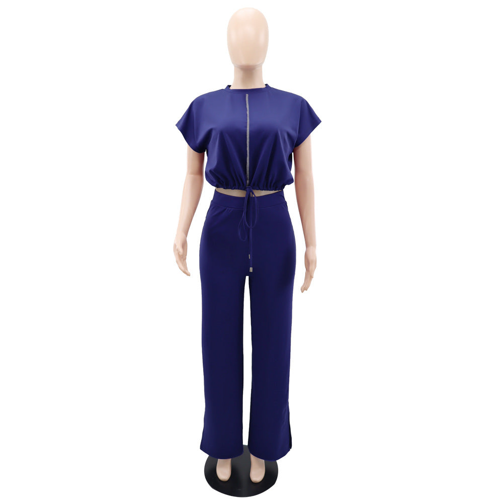Zip Front Crop Top and Wide Leg Pants Set - Blue - 3