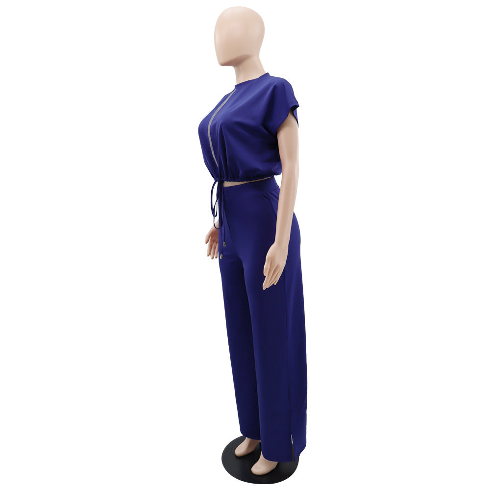 Zip Front Crop Top and Wide Leg Pants Set - Blue - 4