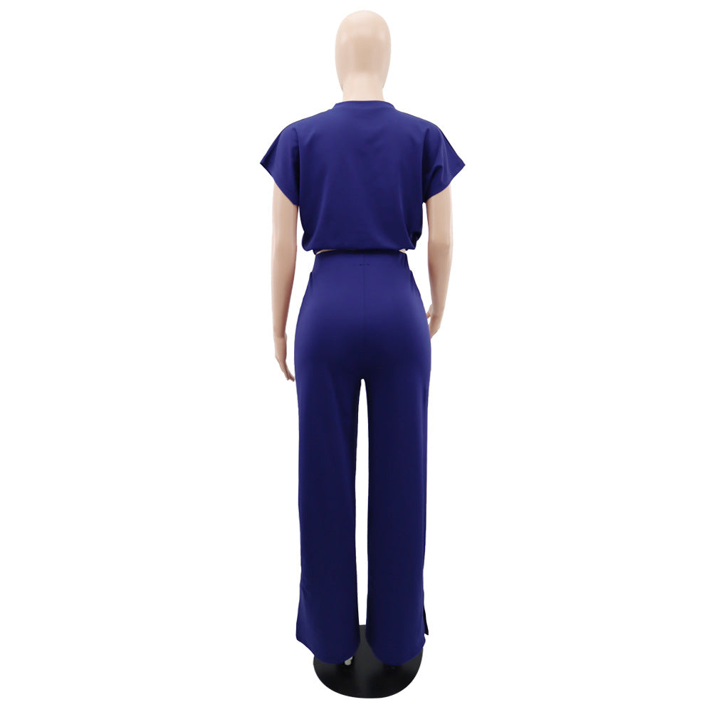 Zip Front Crop Top and Wide Leg Pants Set - Blue - 5