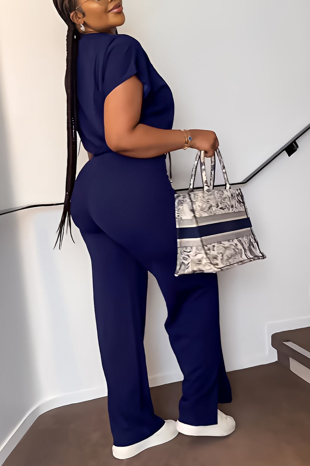 Zip Front Crop Top and Wide Leg Pants Set - Blue - 9