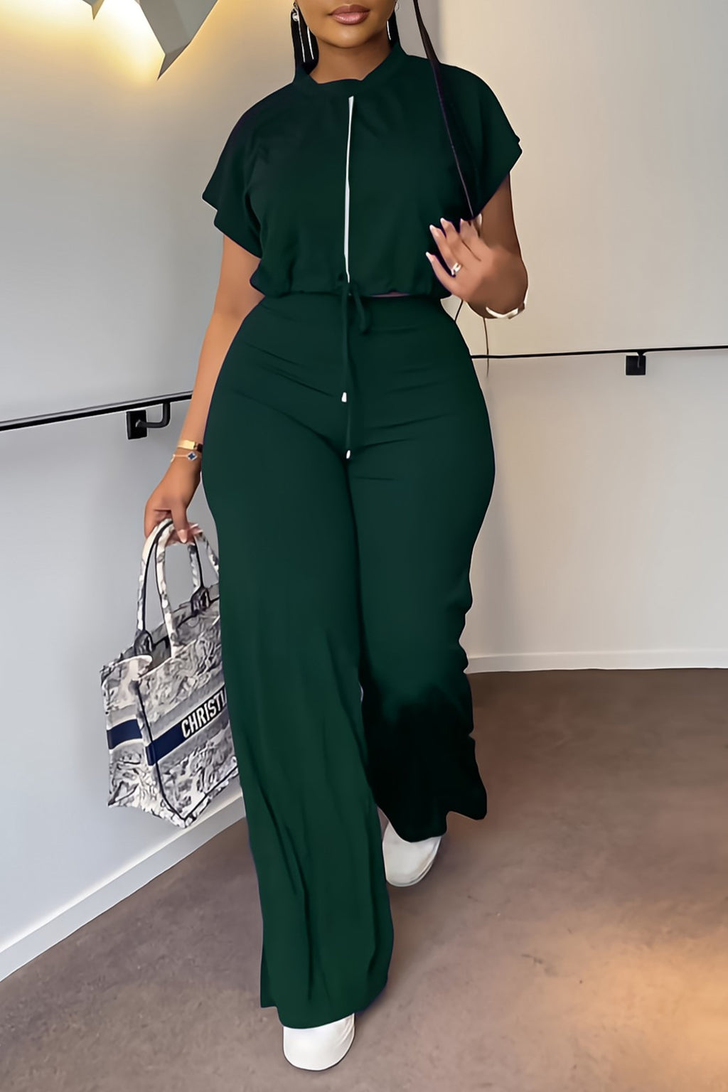 Zip Front Crop Top and Wide Leg Pants Set - Green