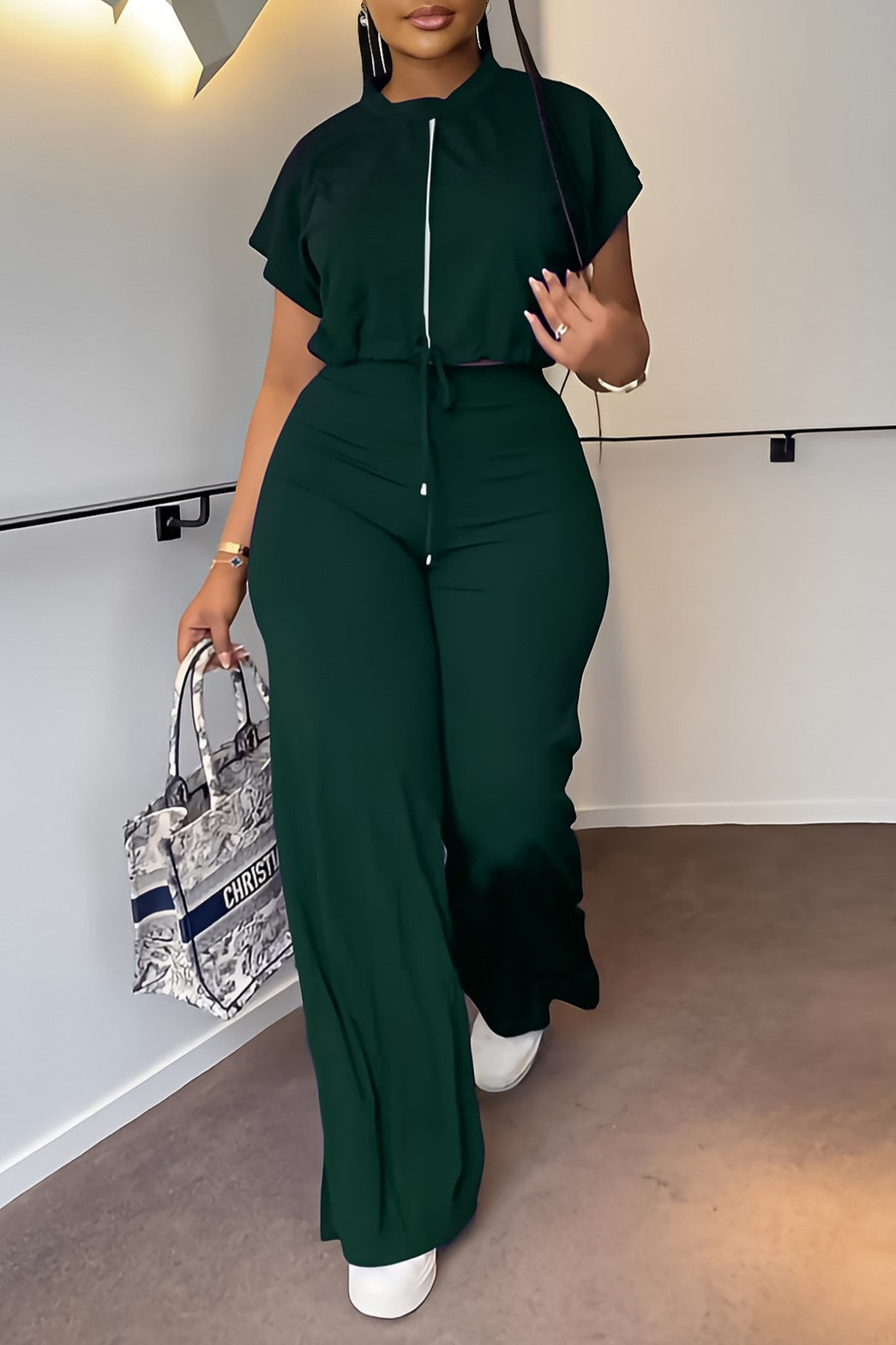 Zip Front Crop Top and Wide Leg Pants Set - Green