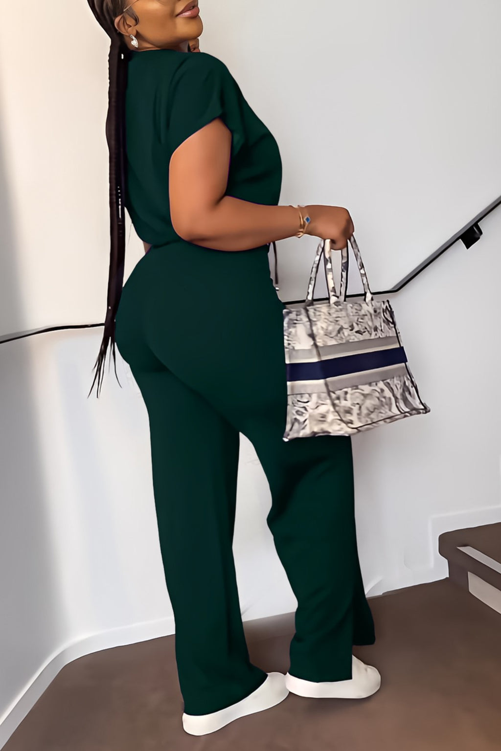 Zip Front Crop Top and Wide Leg Pants Set - Green - 1