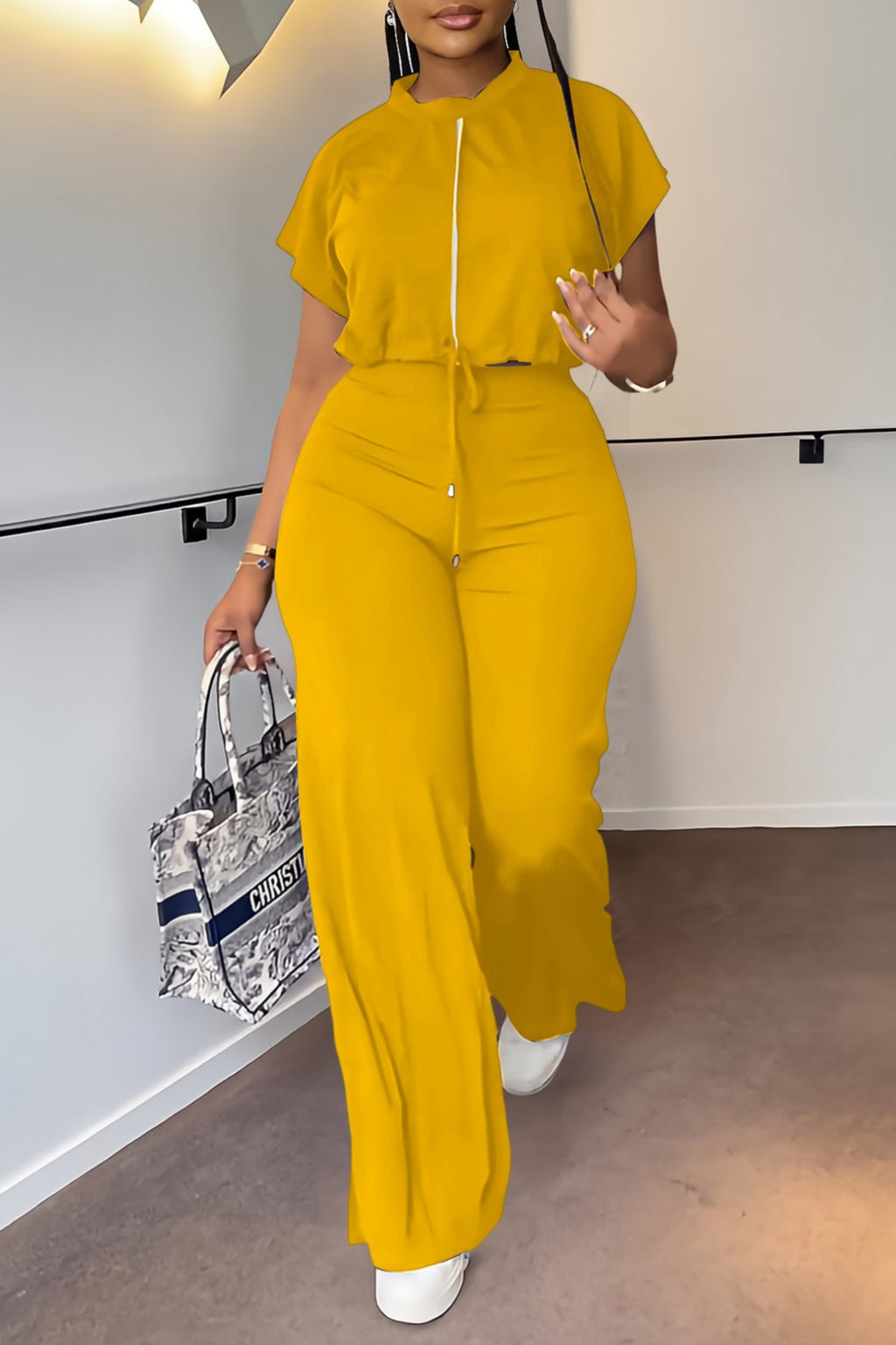 Zip Front Crop Top and Wide Leg Pants Set - Yellow