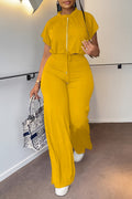Zip Front Crop Top and Wide Leg Pants Set - Yellow