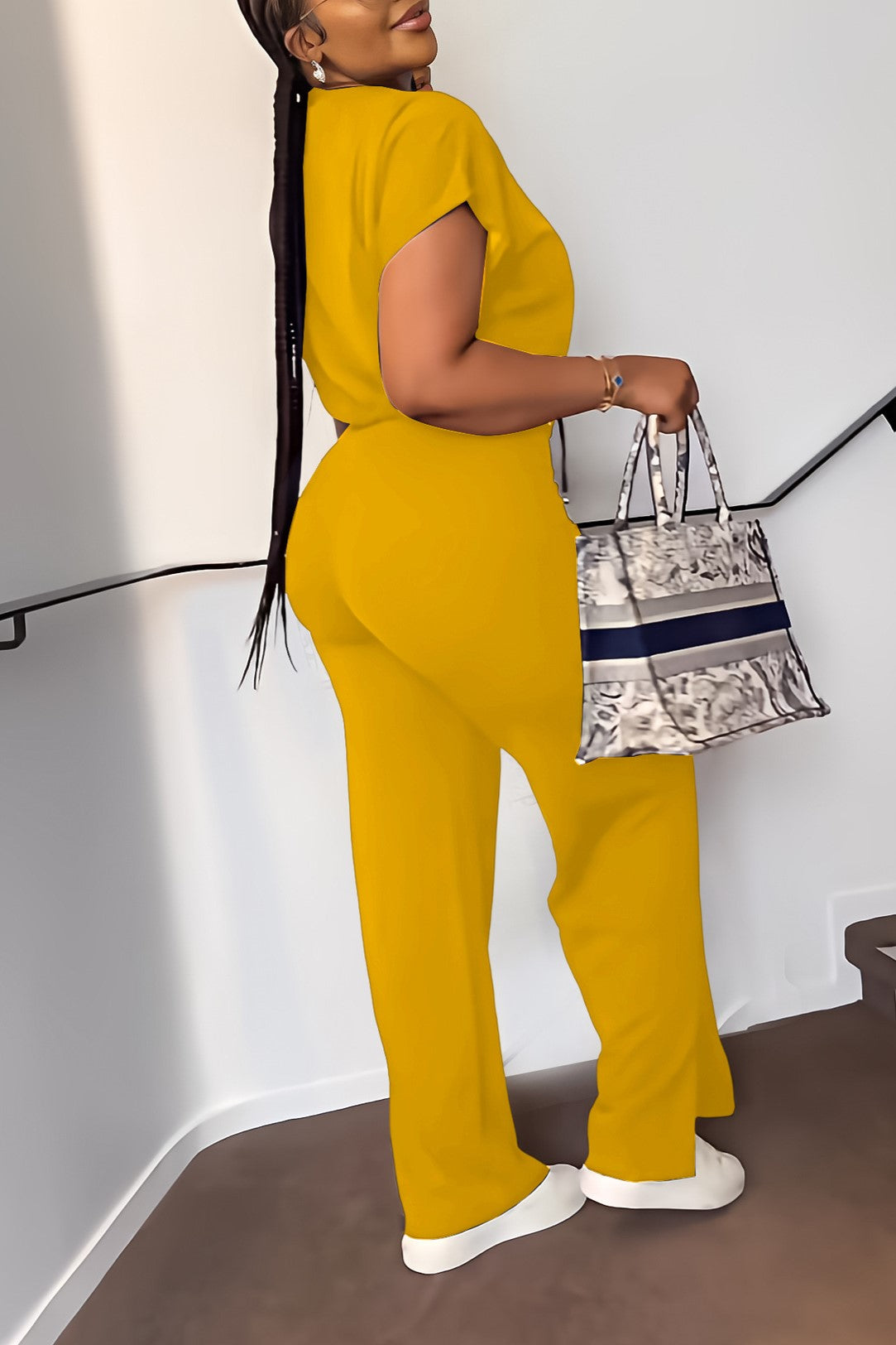 Zip Front Crop Top and Wide Leg Pants Set - Yellow - 1
