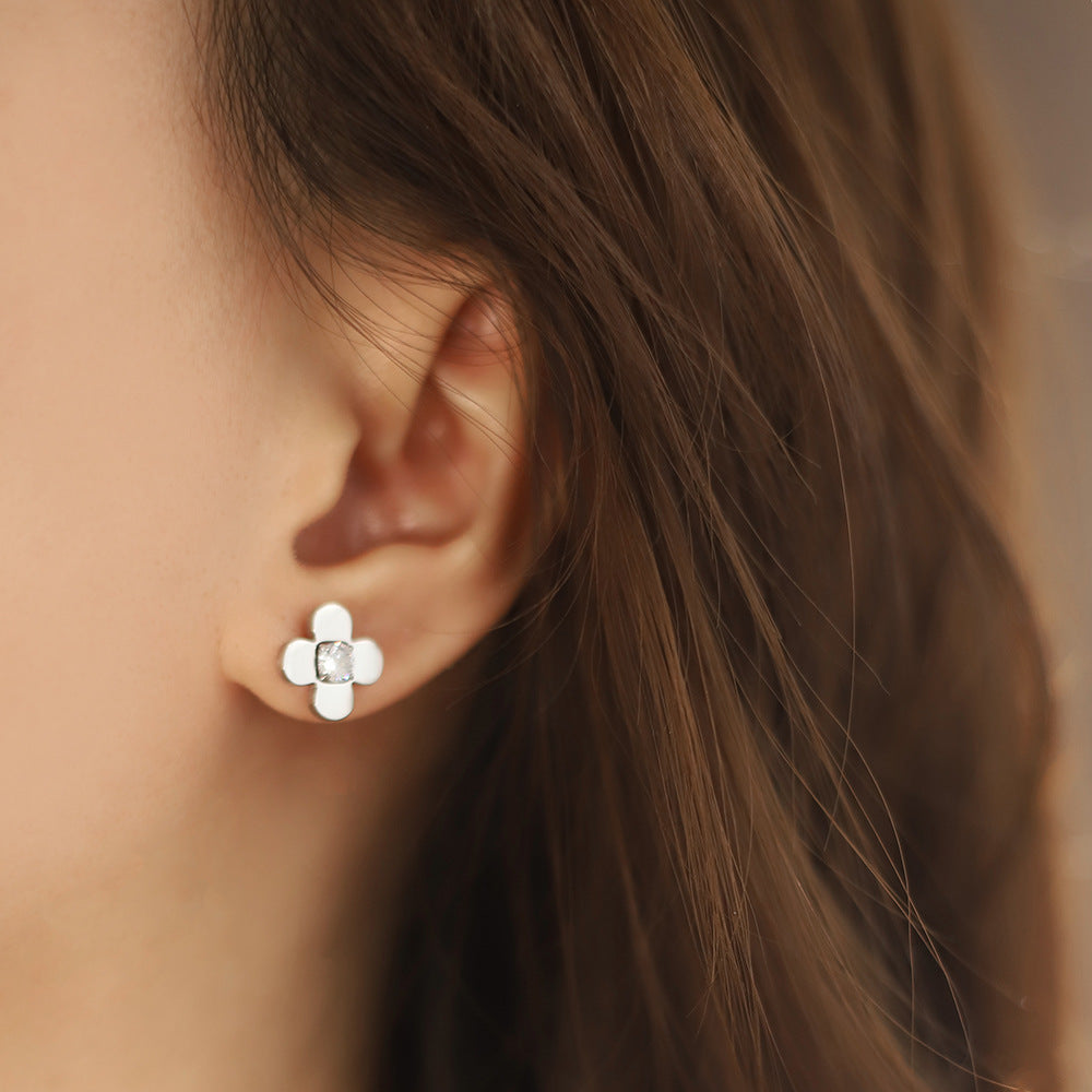 Tiny Clover Flower Crystal Stud Earrings - view 1