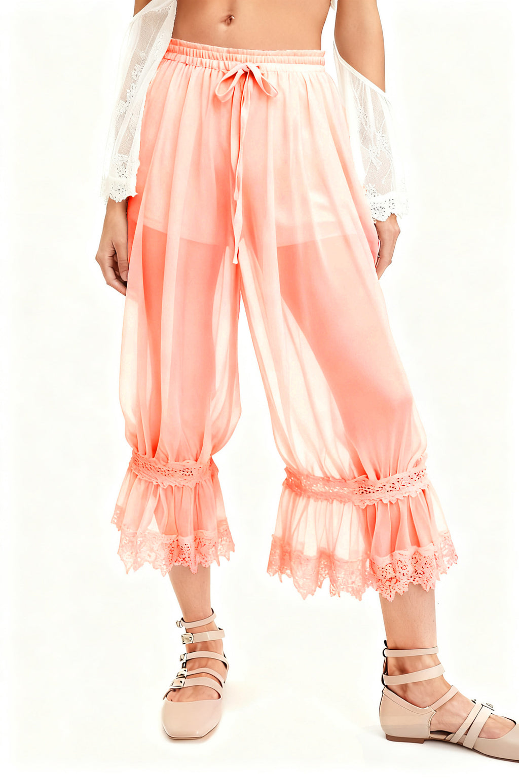 Sheer Ruffle Hem Boho Bloomer Pants - Coral