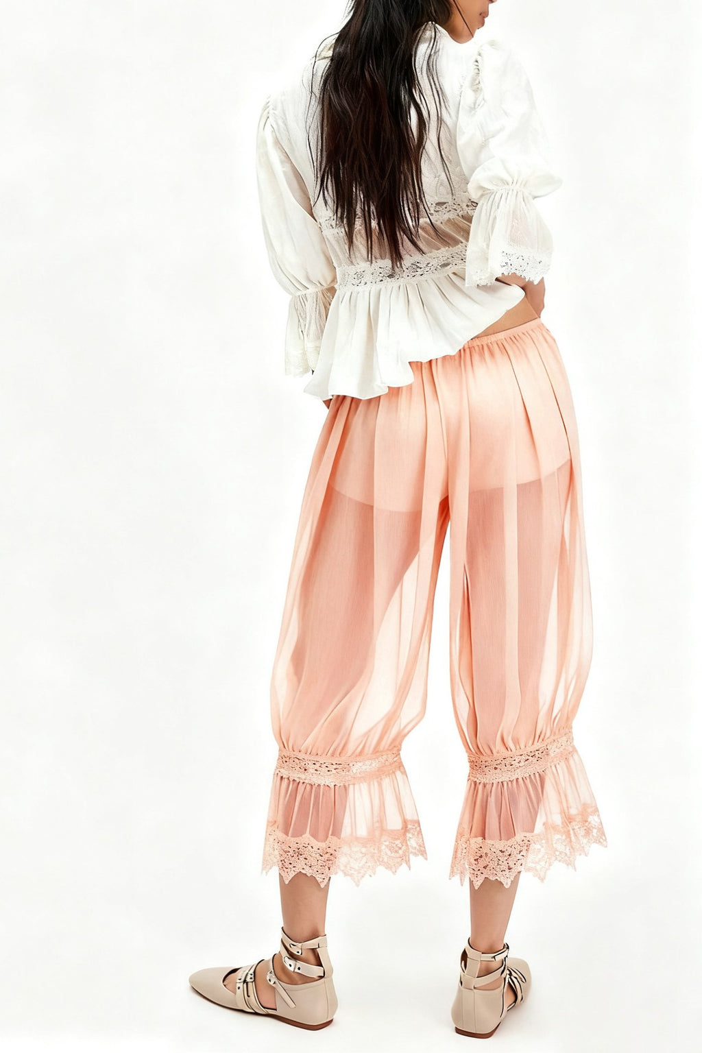 Sheer Ruffle Hem Boho Bloomer Pants - Coral - 1