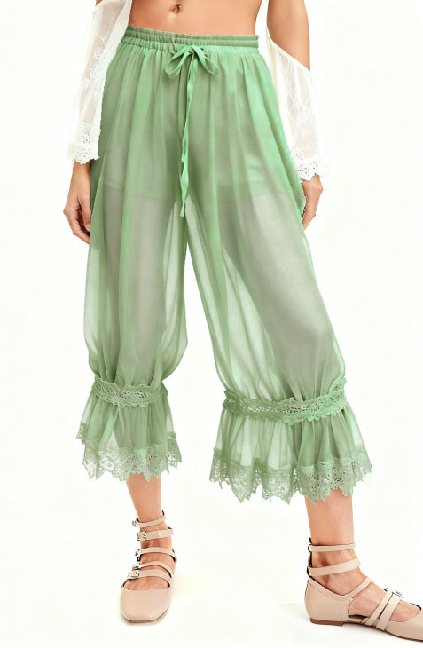 Sheer Ruffle Hem Boho Bloomer Pants - Green