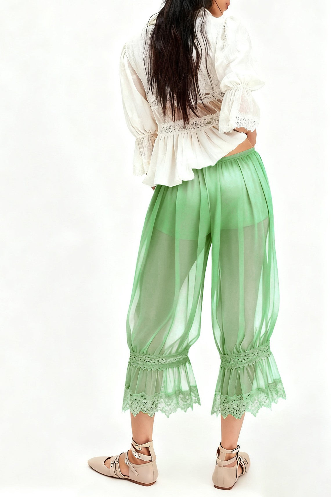 Sheer Ruffle Hem Boho Bloomer Pants - Green - 1