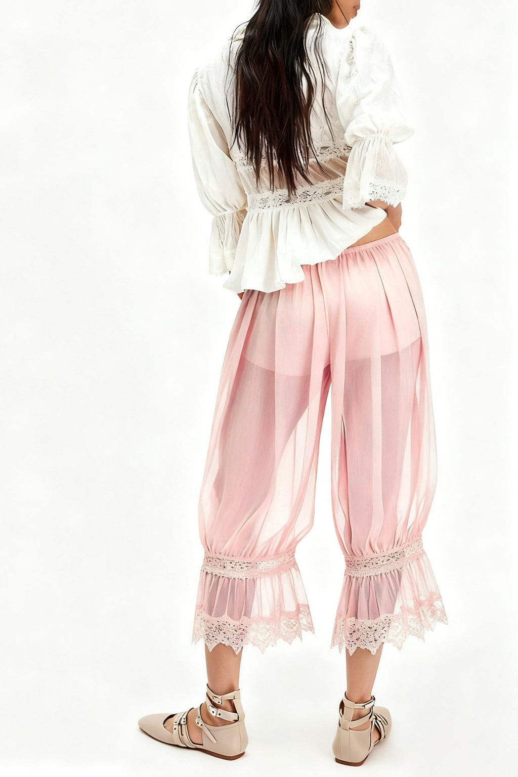 Sheer Ruffle Hem Boho Bloomer Pants - Pink - 1