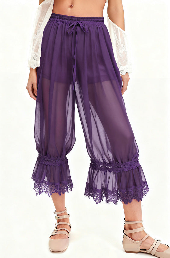 Sheer Ruffle Hem Boho Bloomer Pants - Purple