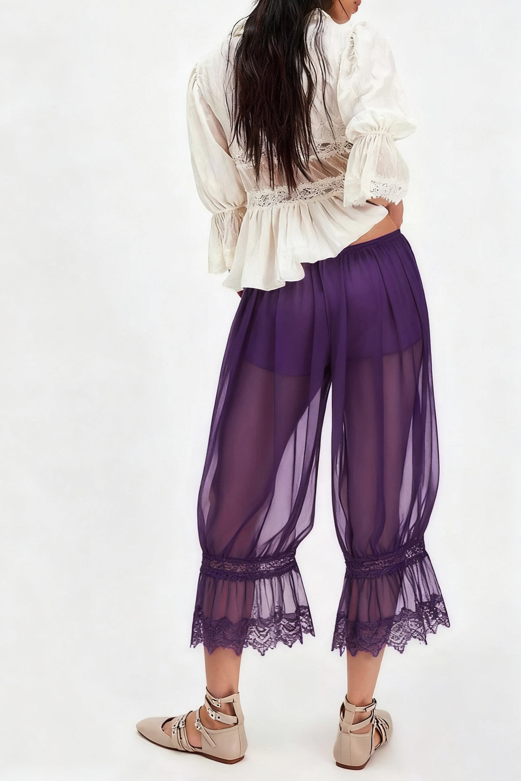 Sheer Ruffle Hem Boho Bloomer Pants - Purple - 1