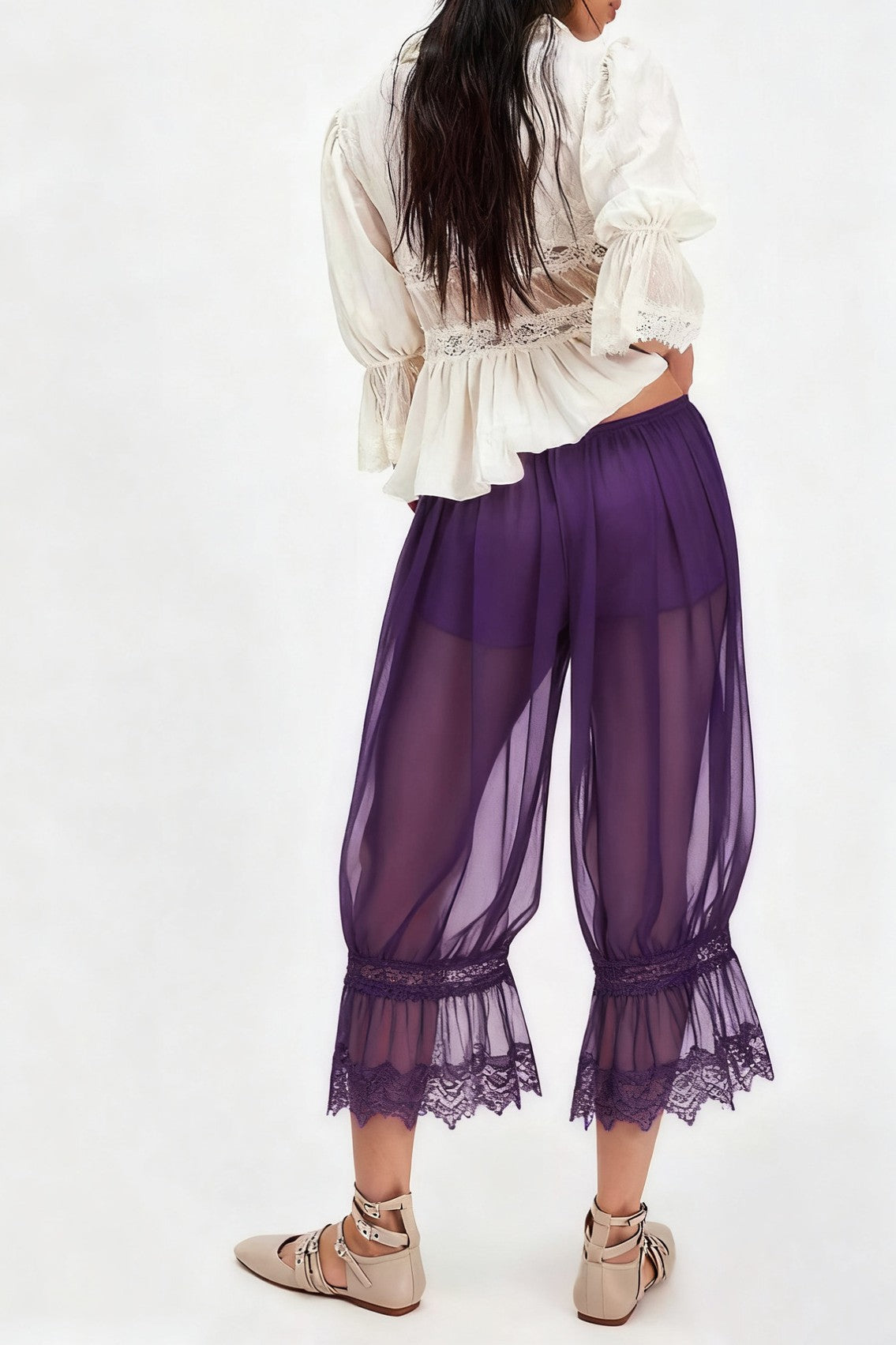 Sheer Ruffle Hem Boho Bloomer Pants - Purple - 1