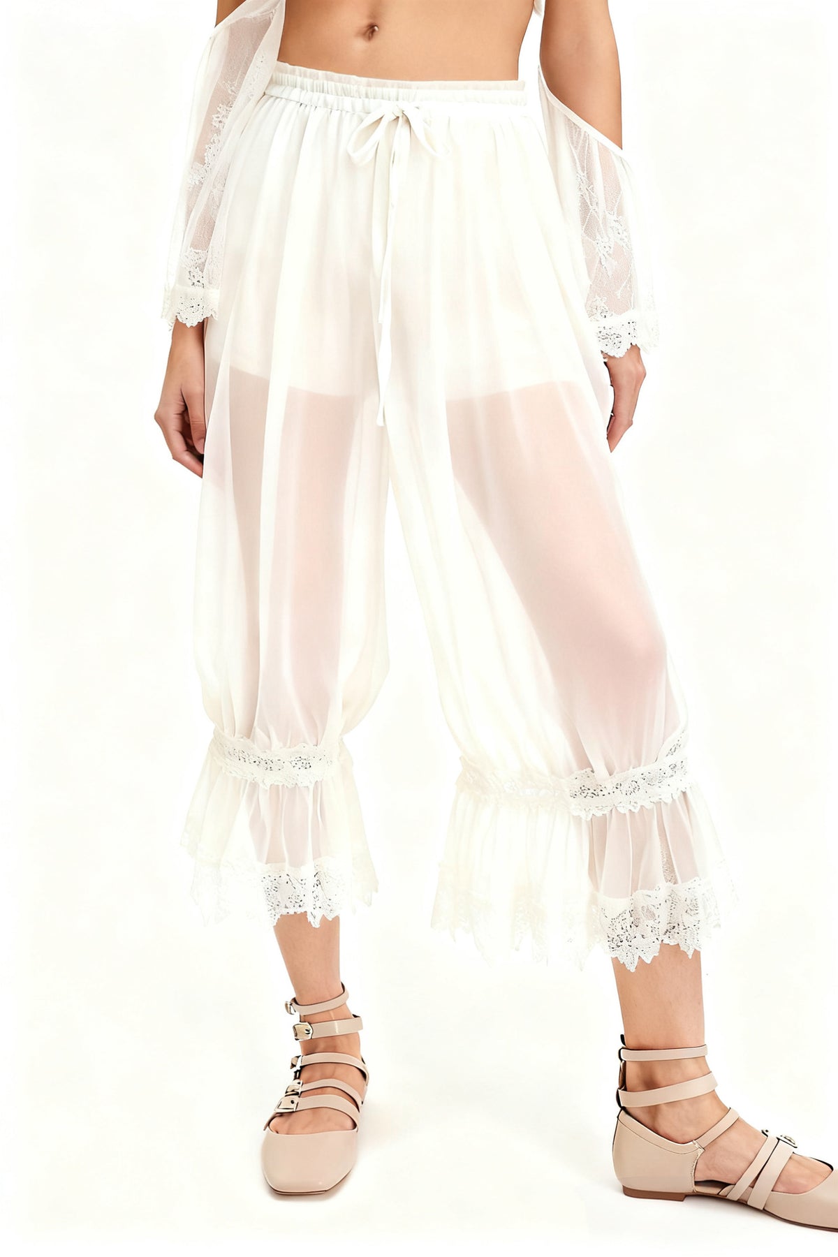 Sheer Ruffle Hem Boho Bloomer Pants - White