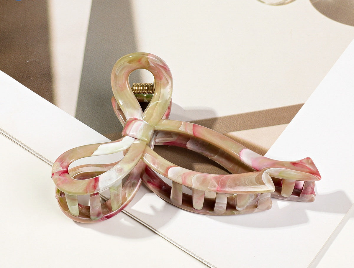 Marbled Flower And Bow Hair Claws - Bow_Brown