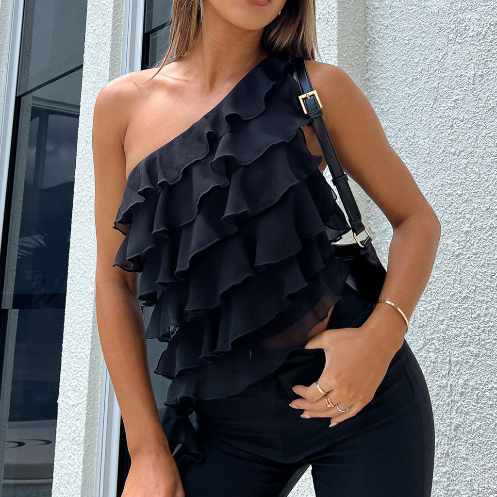 One Shoulder Tiered Ruffle Crop Top - Black - 1