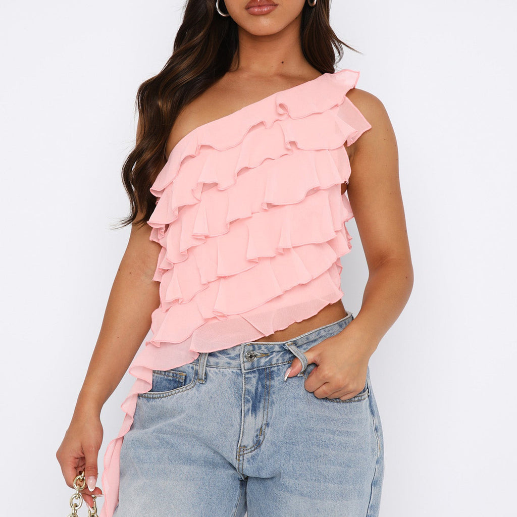 One Shoulder Tiered Ruffle Crop Top - Pink