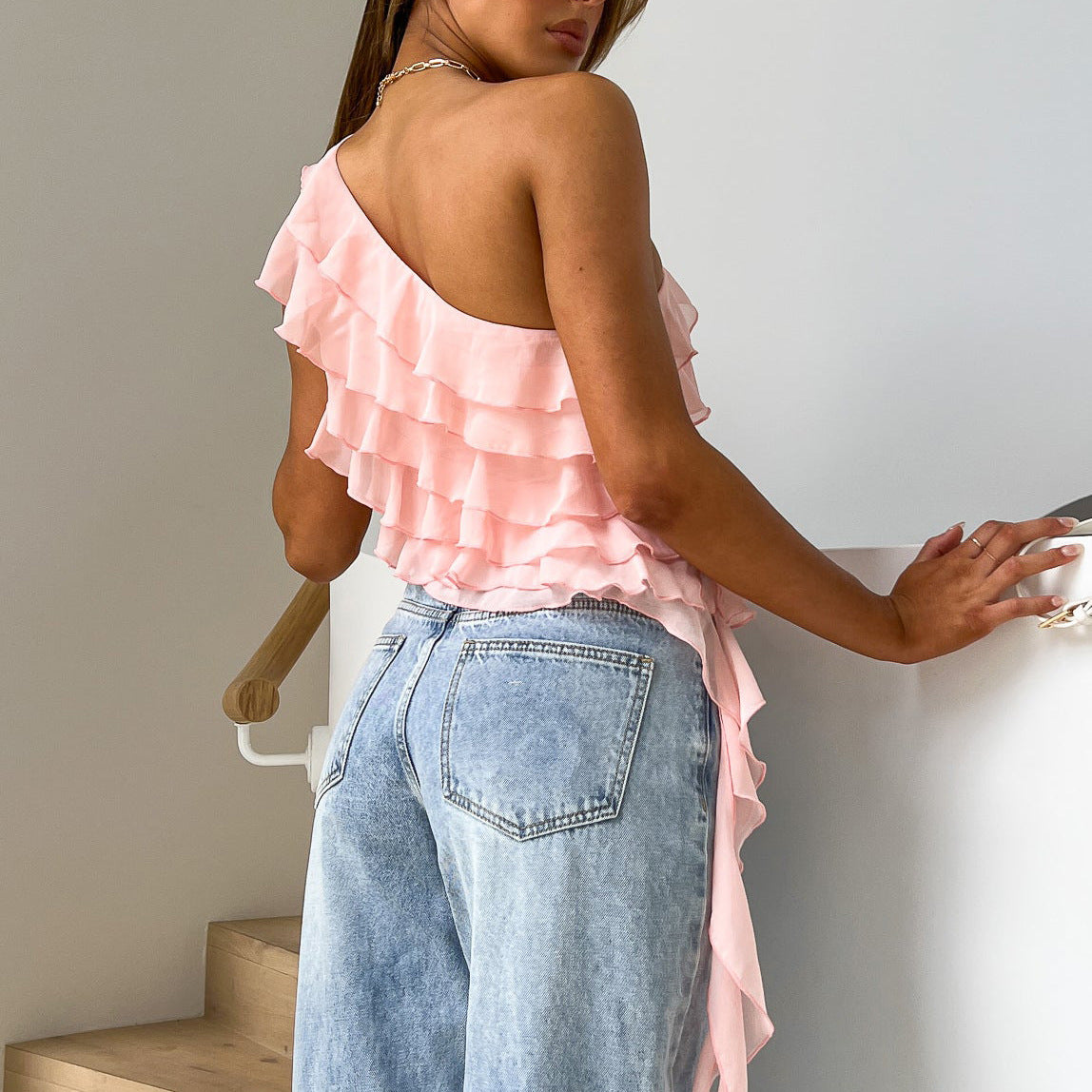 One Shoulder Tiered Ruffle Crop Top - Pink - 2