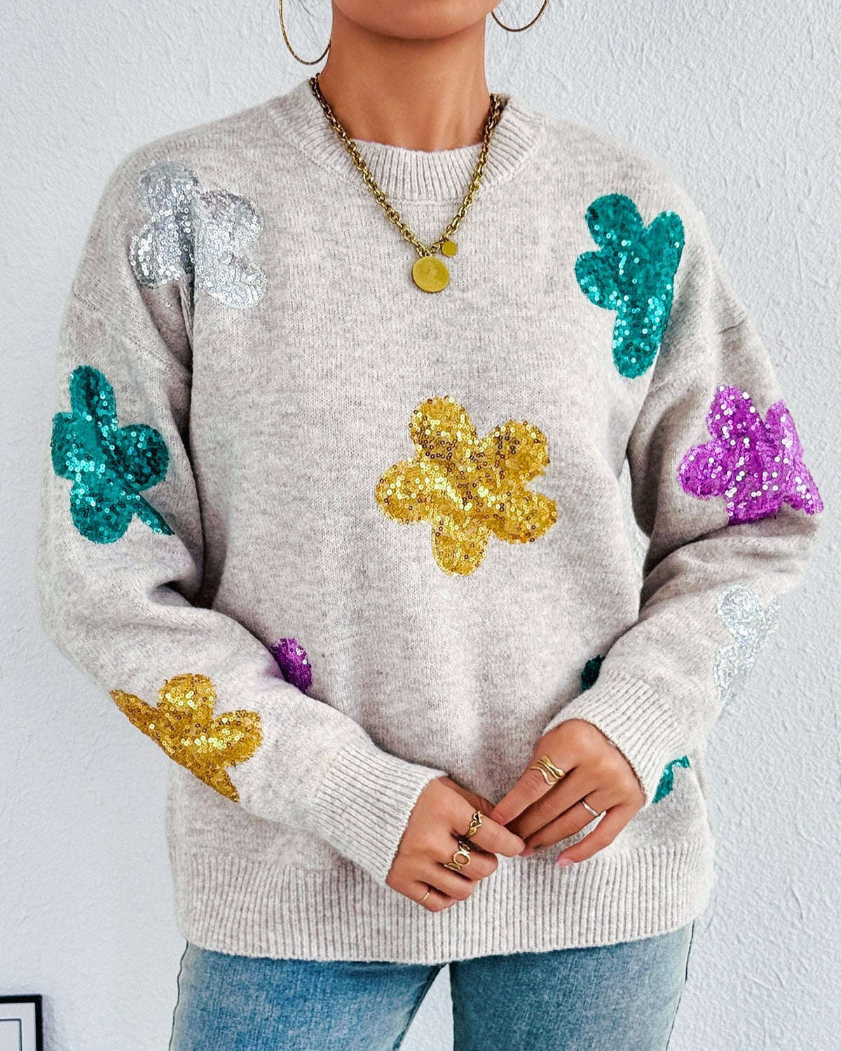 Sequin Flower Embroidered Crewneck Knit Sweater - Gray - 2