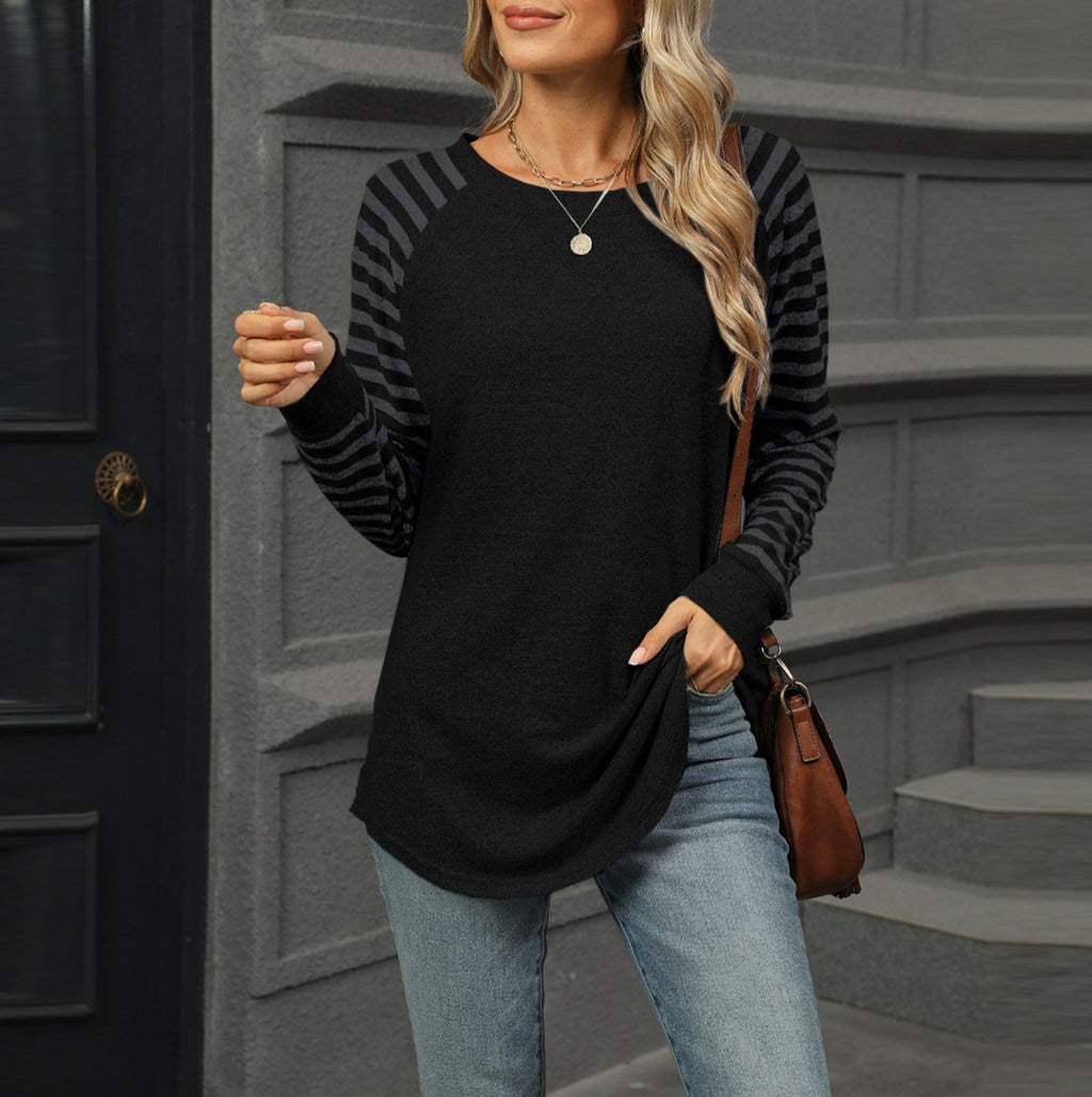 Striped Raglan Sleeve Curved Hem Top - Black