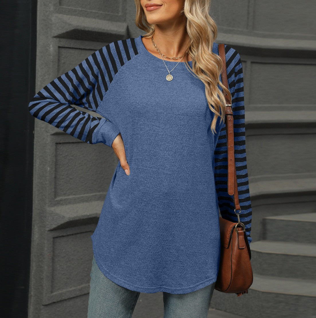 Striped Raglan Sleeve Curved Hem Top - Blue