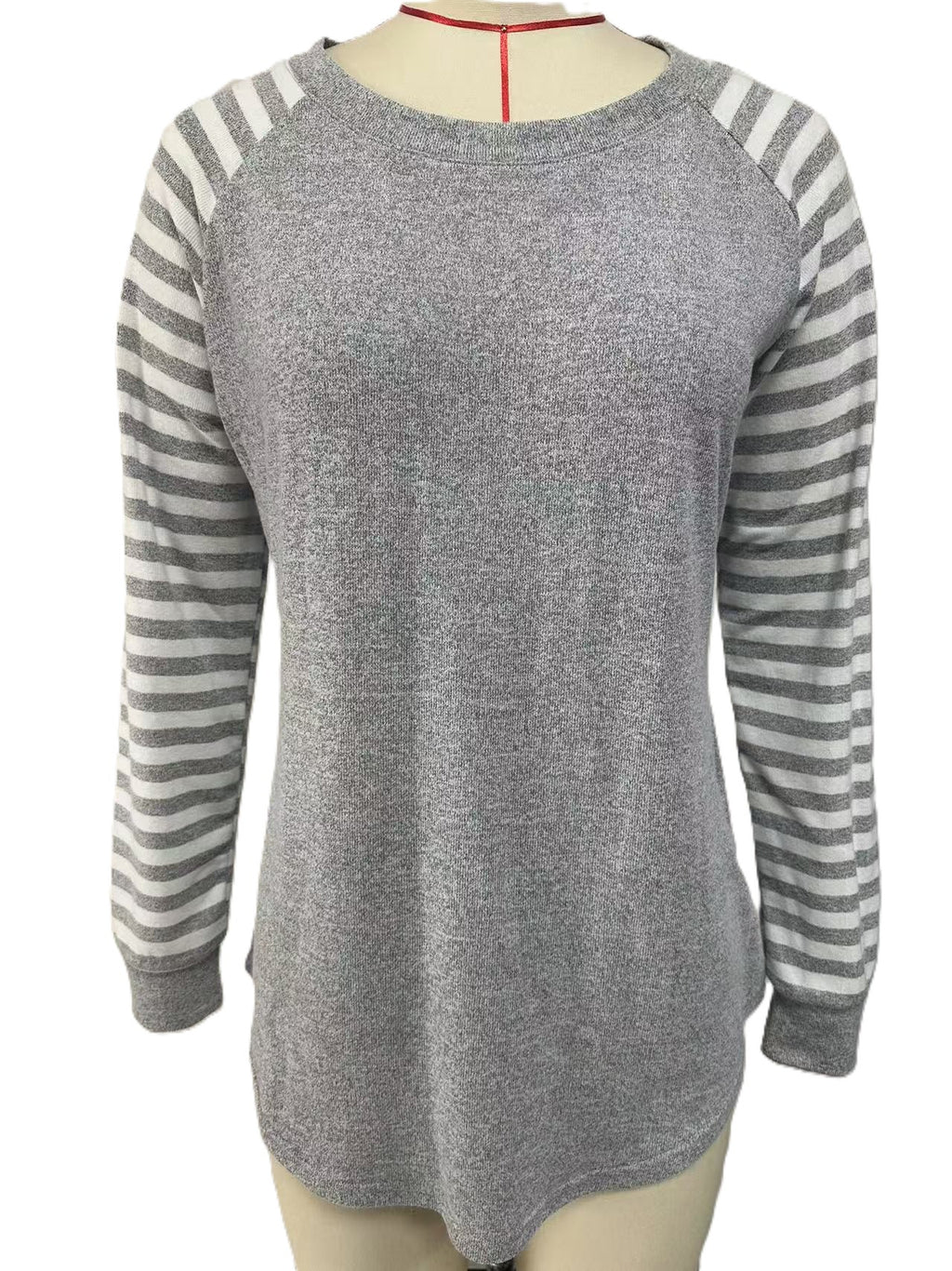 Striped Raglan Sleeve Curved Hem Top - Grey