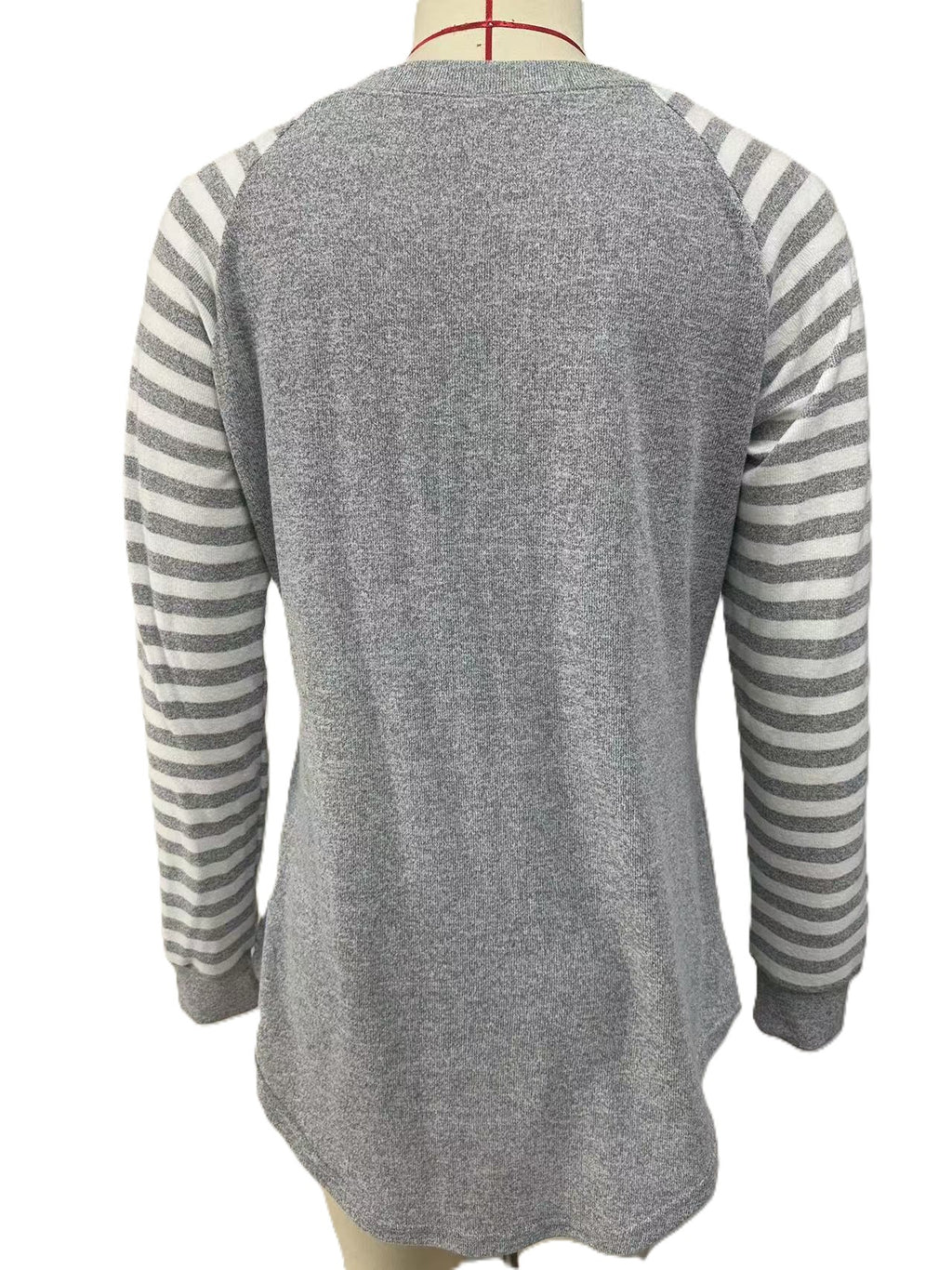 Striped Raglan Sleeve Curved Hem Top - Grey - 1