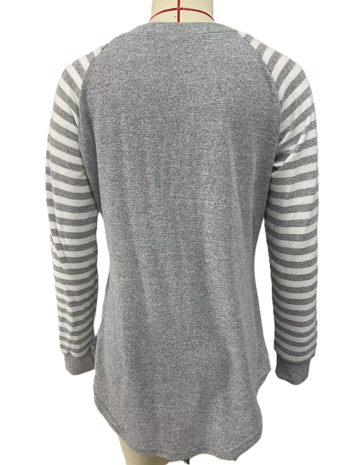 Striped Raglan Sleeve Curved Hem Top - Grey - 1