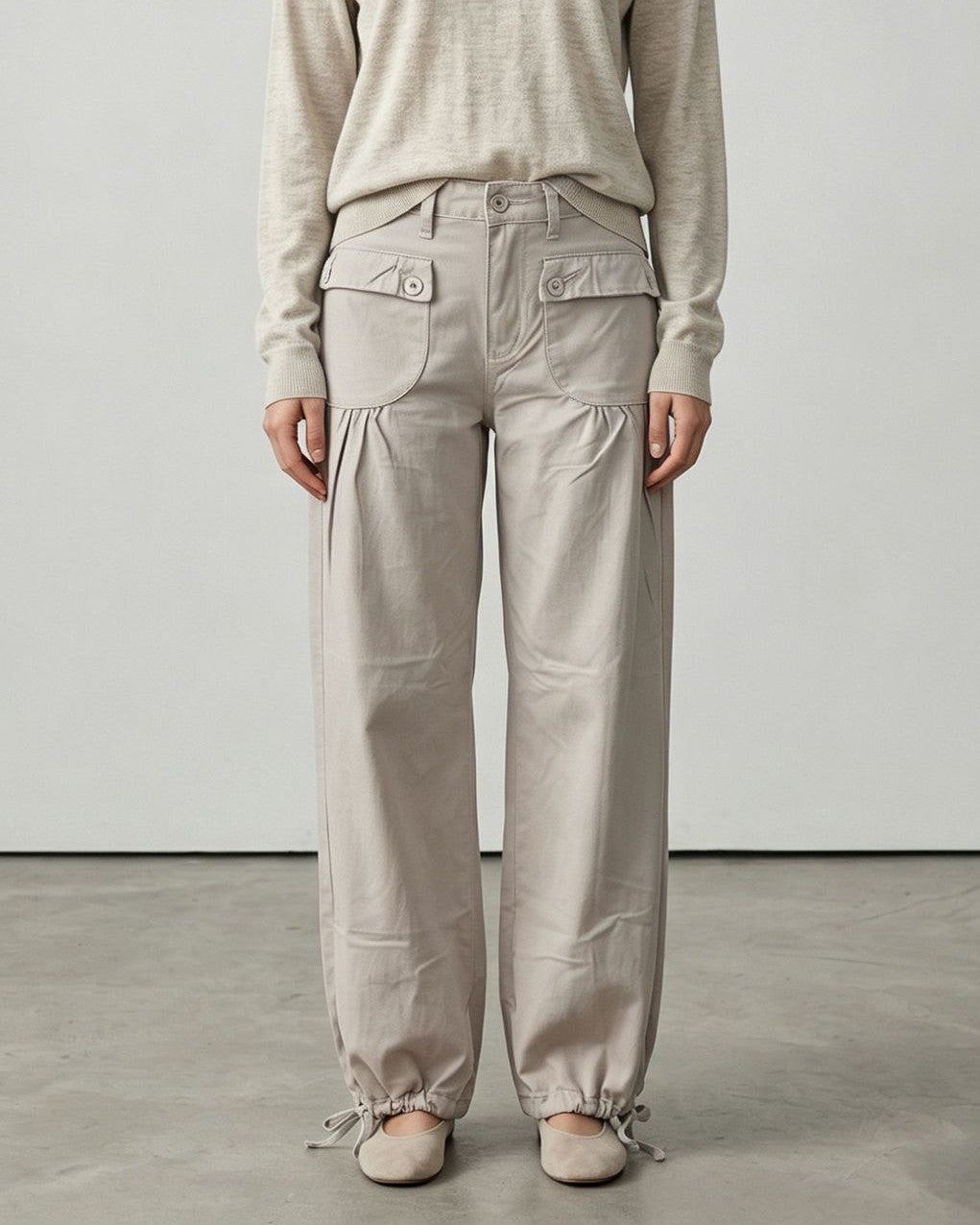 Pleated Wide Leg Cargo Jeans With Ankle Ties - Apricot