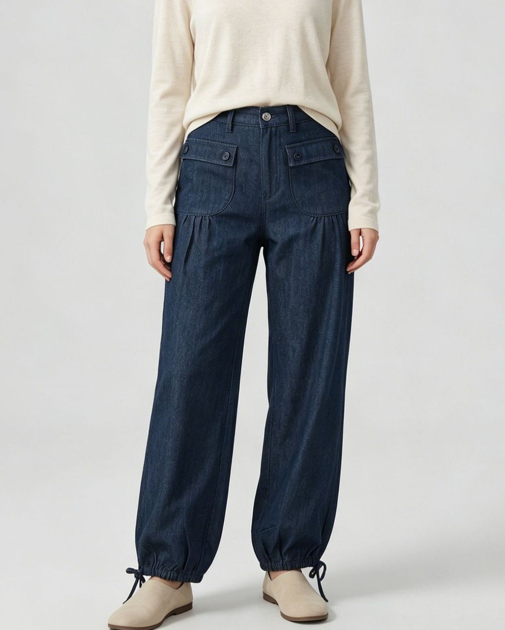 Pleated Wide Leg Cargo Jeans With Ankle Ties - Dark-Blue