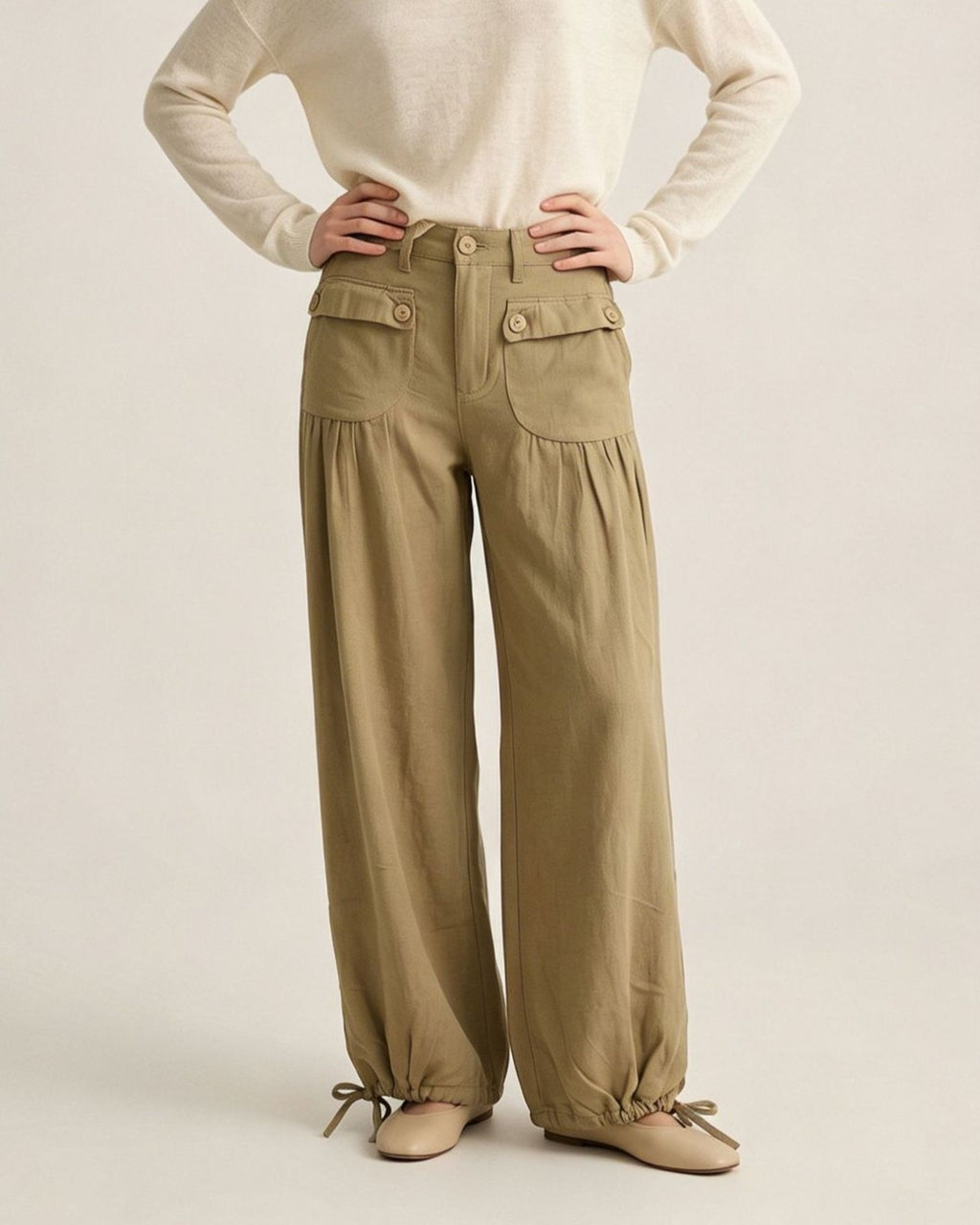 Pleated Wide Leg Cargo Jeans With Ankle Ties - Khaki