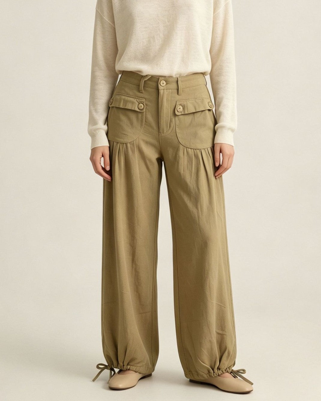 Pleated Wide Leg Cargo Jeans With Ankle Ties - Khaki - 1