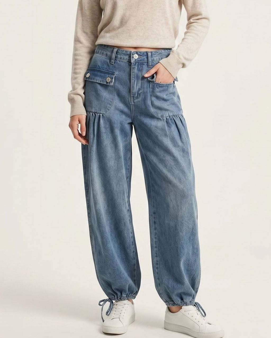 Pleated Wide Leg Cargo Jeans With Ankle Ties - Light-Blue