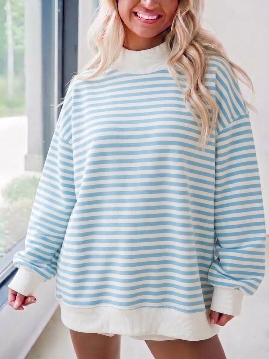 Light Blue Stripe Longline Oversized Sweatshirt - Light_Blue