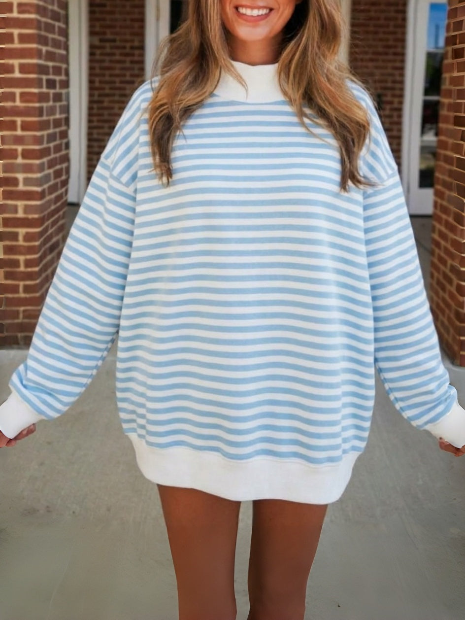 Light Blue Stripe Longline Oversized Sweatshirt - Light_Blue - 5