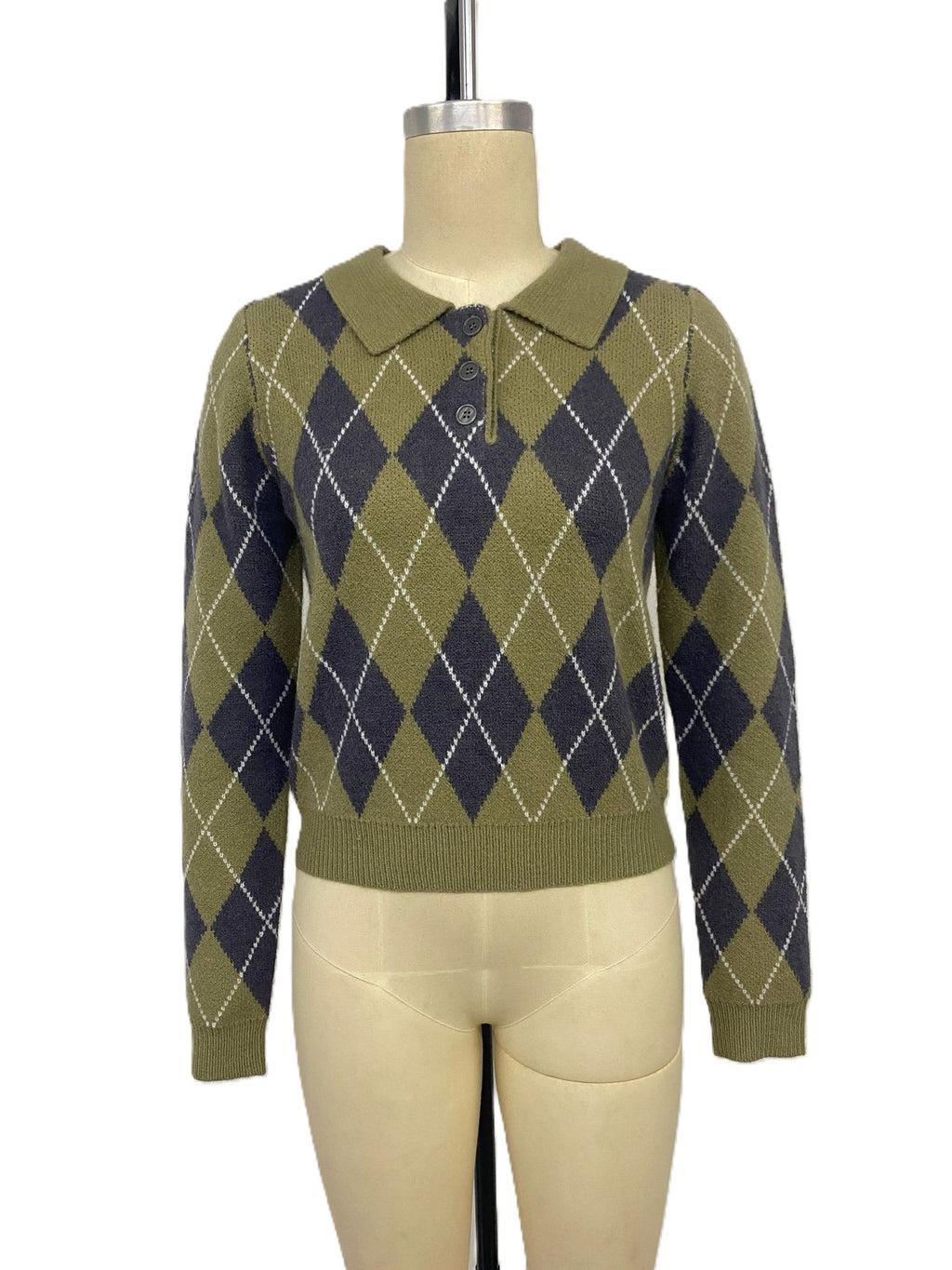 Green Argyle Knit Button Collar Cropped Sweater - Green - 1