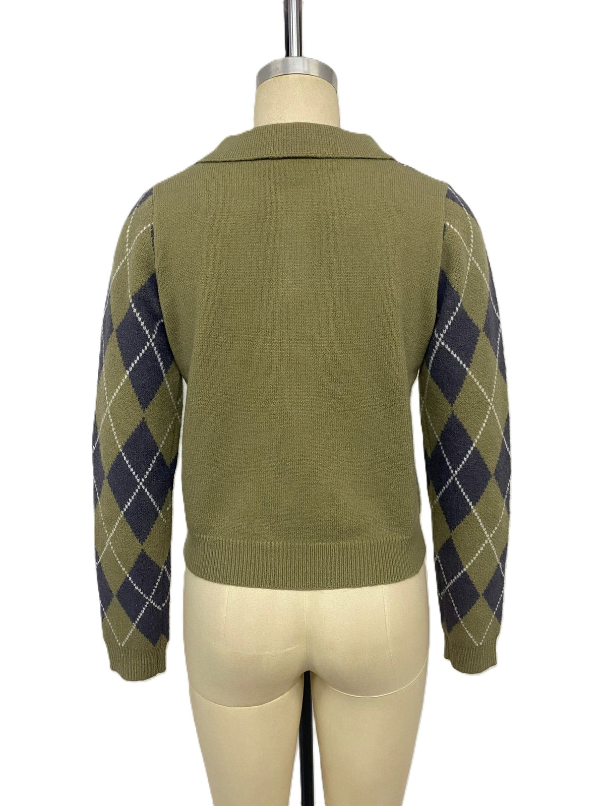 Green Argyle Knit Button Collar Cropped Sweater - Green - 4