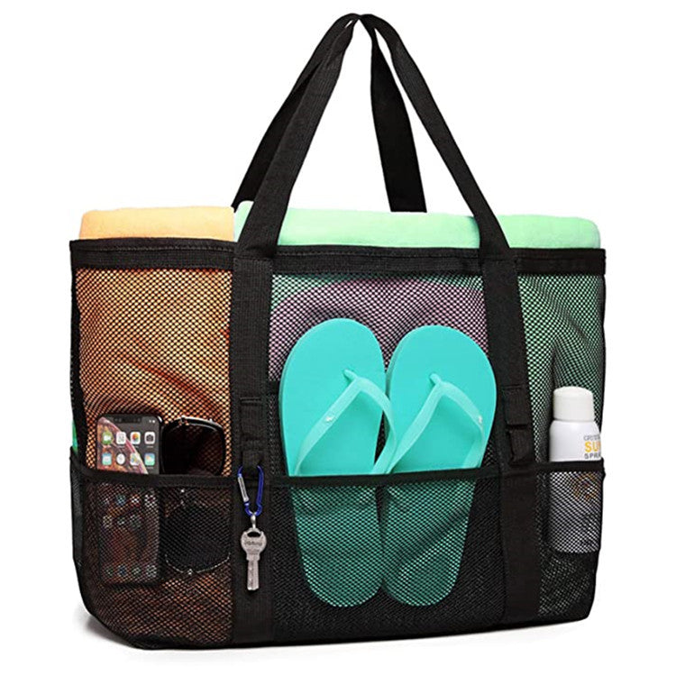 Mesh Beach Tote Bag With Pockets - Black