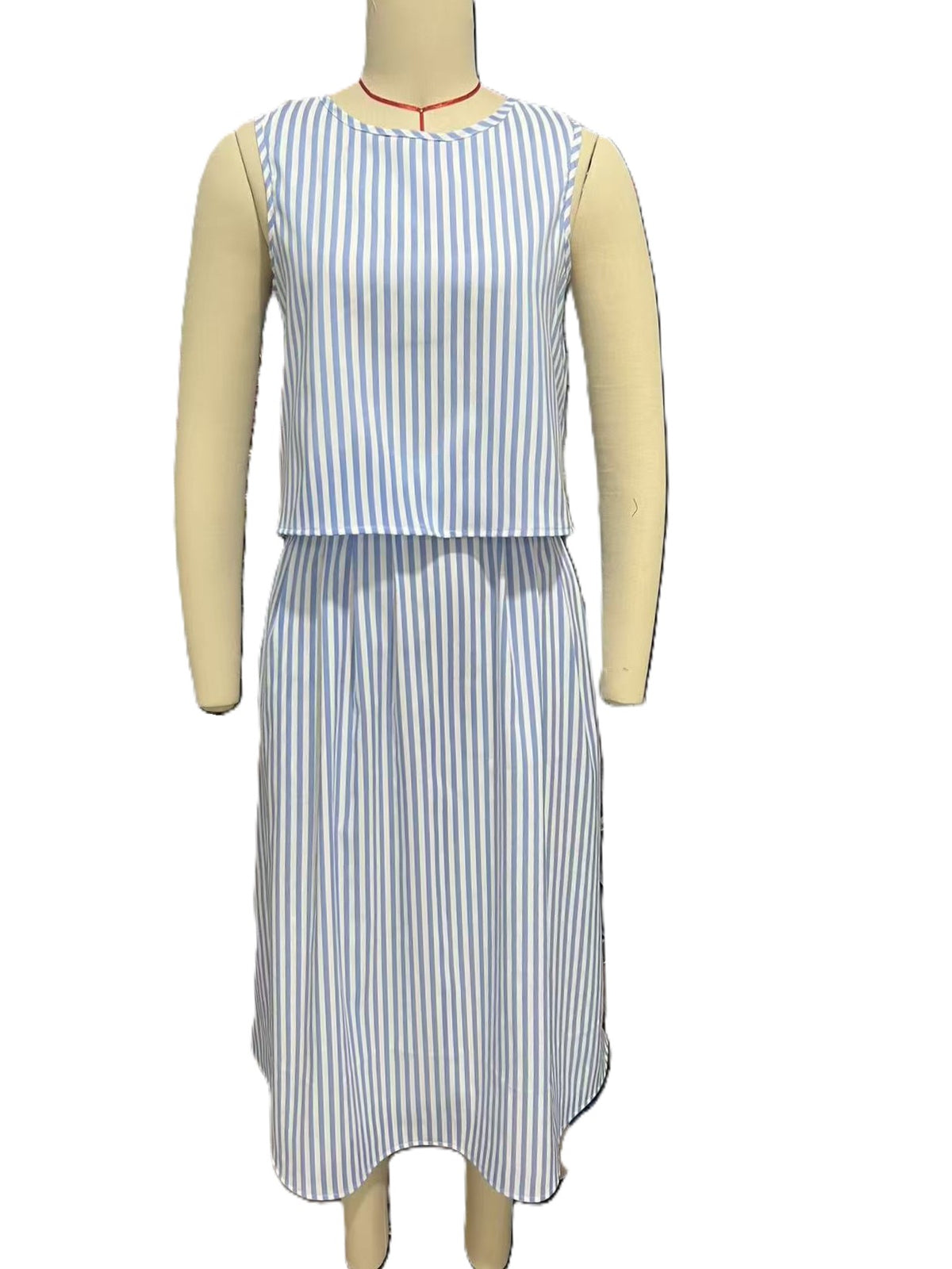 Striped Sleeveless Top and Flared Skirt Set - SkyBlue
